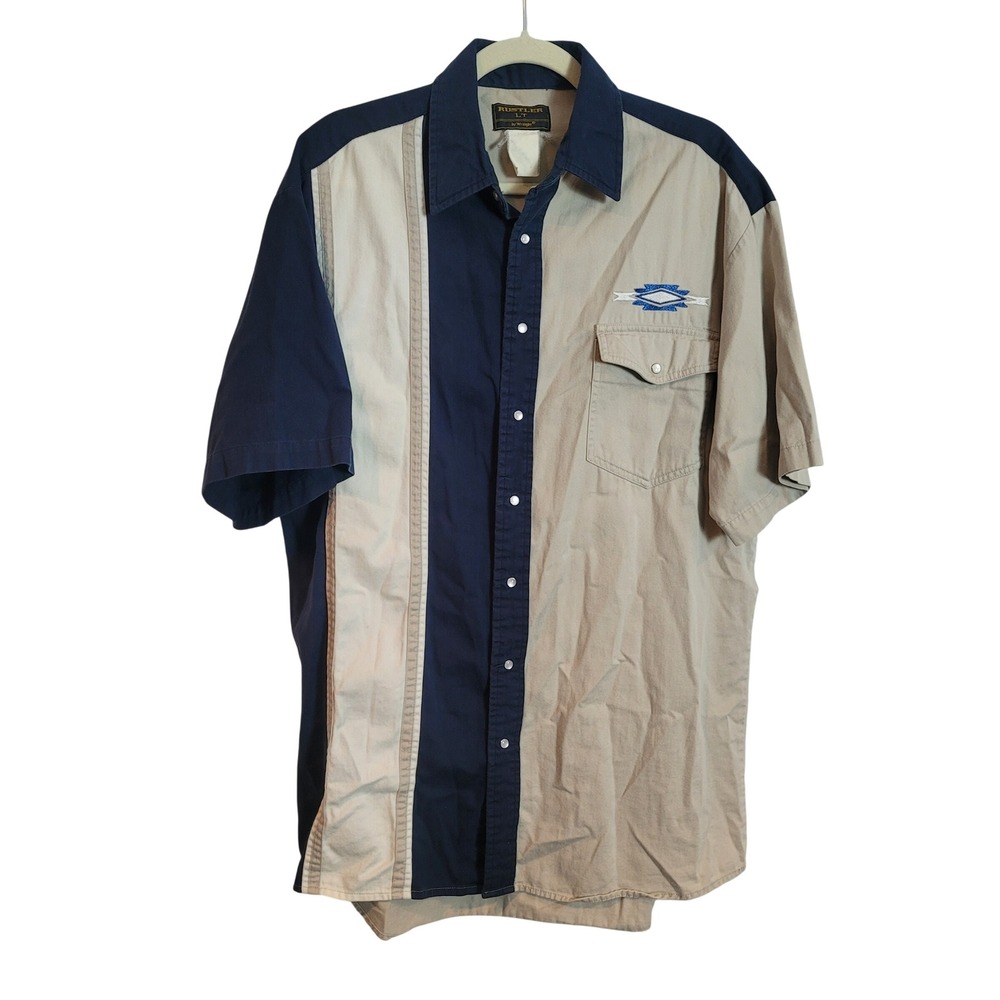 Rustler LT by Wrangler Mens Tan Navy Blue Colorblock Western Shirt Short Sleeve